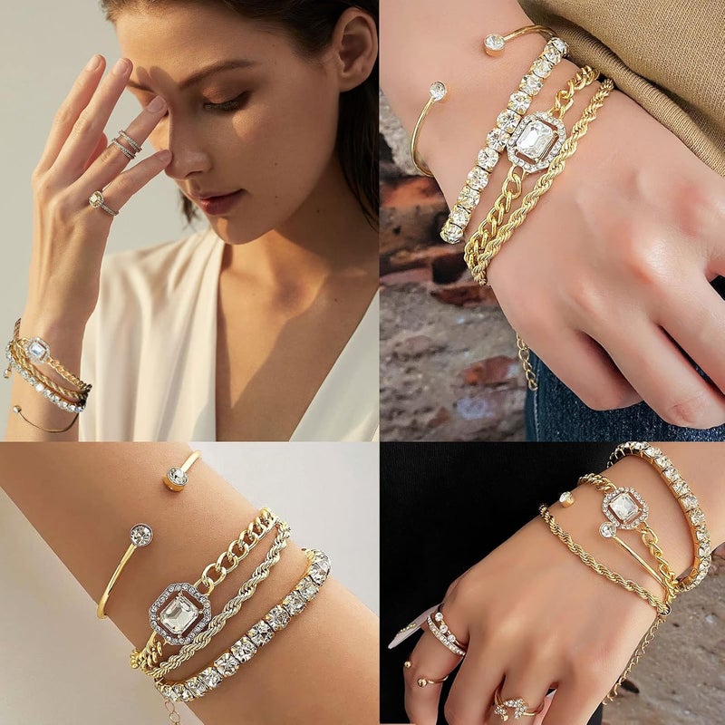 17IF 4 Pcs Dainty Gold Silver Bracelets Set for Women 14K Plated Link Cubic Zirconia Paperclip Stake Layering Chain Adjustable Trendy Hand Jewelry - Image 2